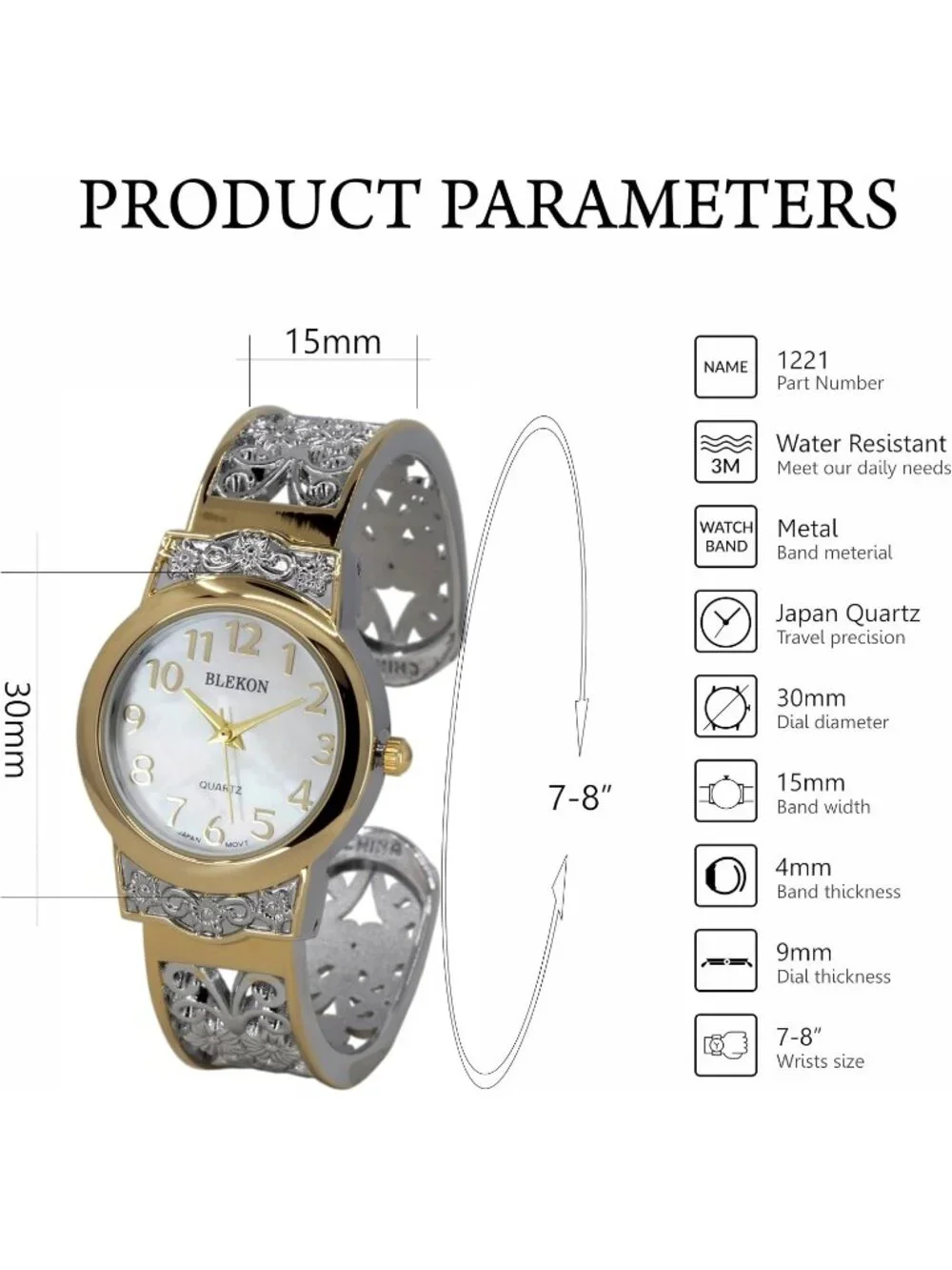 Women's Two-Tone Japanese Quart 28mm Case Elegantly Designed Cuff Bangle Watch